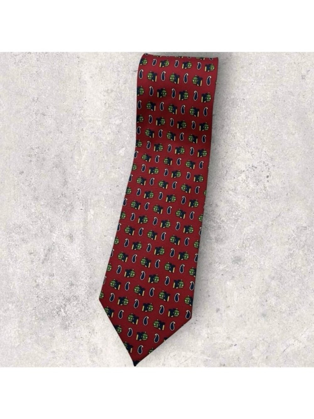 ANDREWS Silk Tie ITALY Red Green Geometric Paisley W:4" EUC